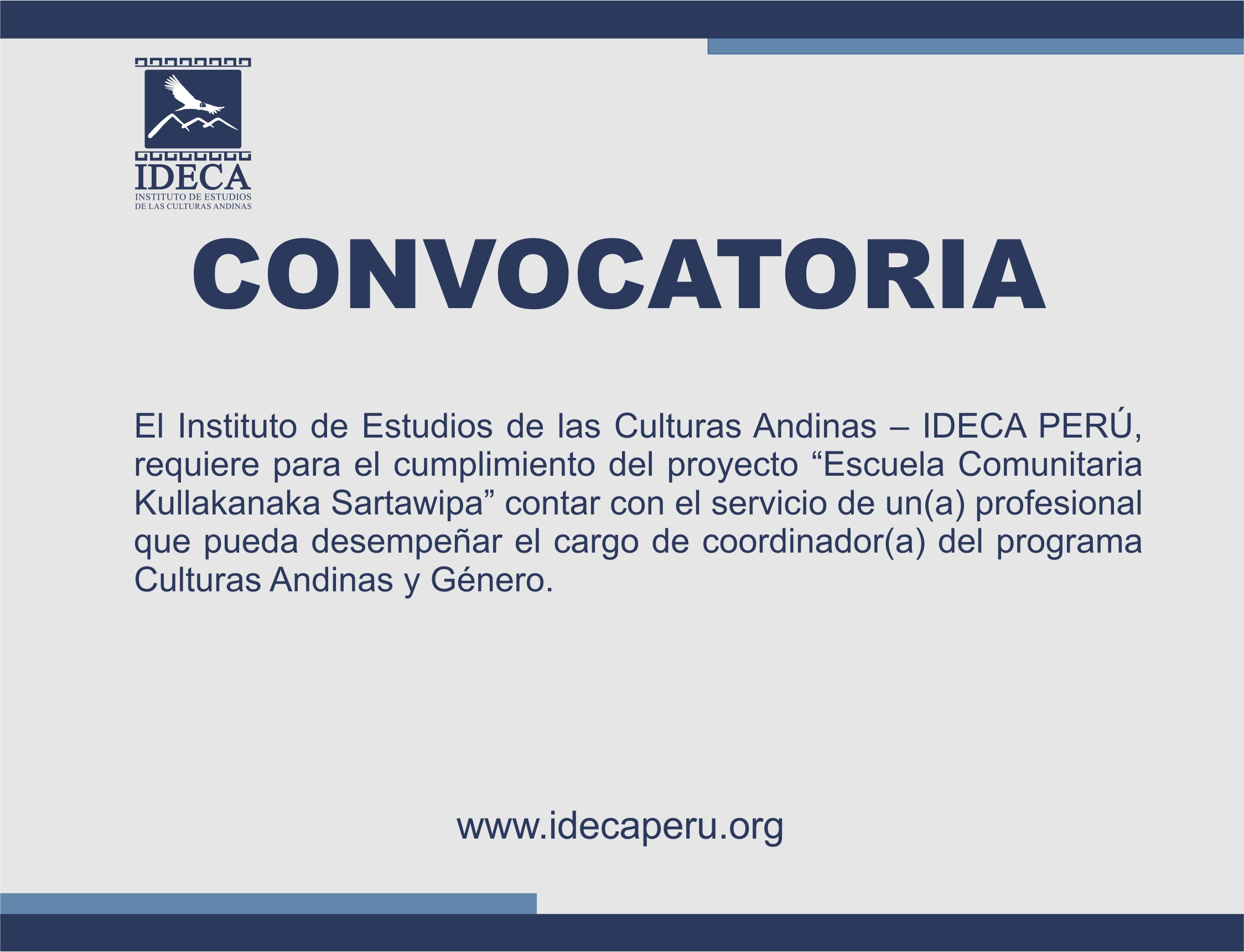 IDECA PERÚ CONVOCA AL PUESTO DE COORDINADOR(A) DEL PROGRAMA CULTURAS ANDINAS Y GÉNERO